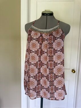 Knox Rose Beaded Halter Flowy Camisole - Brown and Pink Mosaic